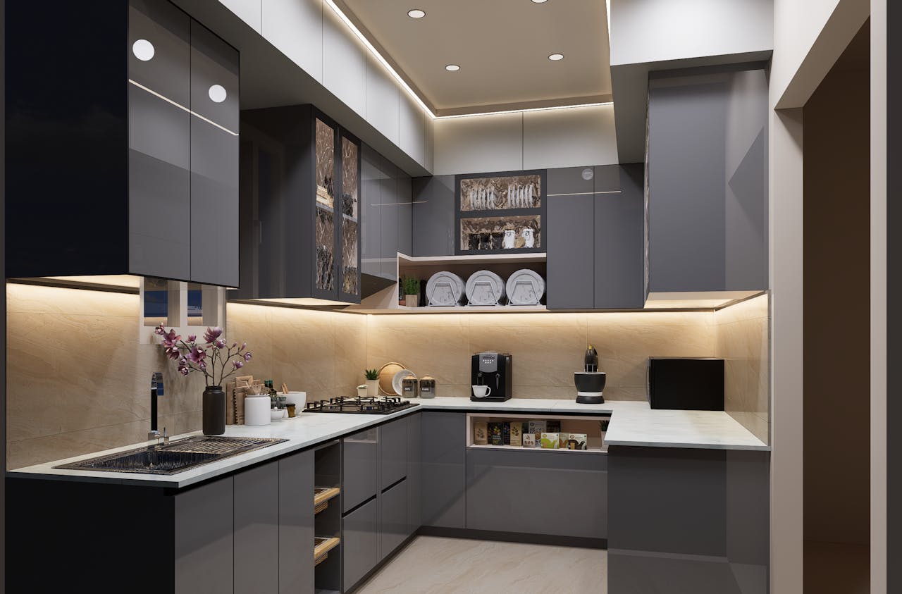 Stylish modern kitchen featuring sleek gray cabinets and under-cabinet lighting.